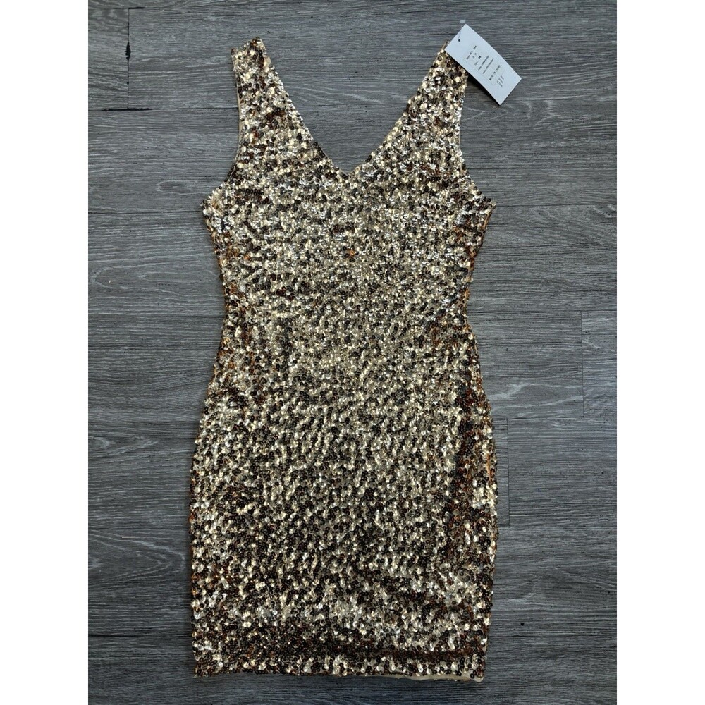 Pretty Guide Sparkly Tank Dress Features All-over Gold Sequins V-neckline Size M